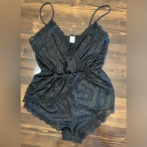 Vintage 80’s Black Striped Satin & Lace Romper Teddy